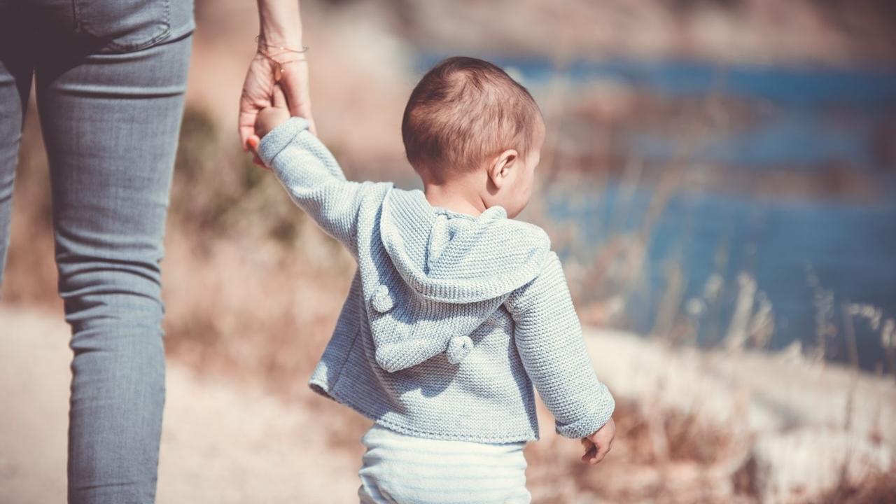 Toddler holding hand on a nature trail by lake.