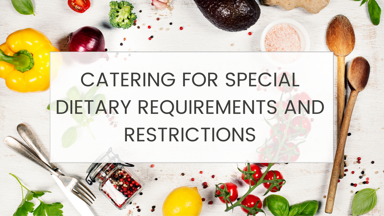 catering for special dietary requirements and restrictions - white tabletop with yellow pepper, knife and fork, red onion, tomatoes and wooden spoon sprinkled across it
