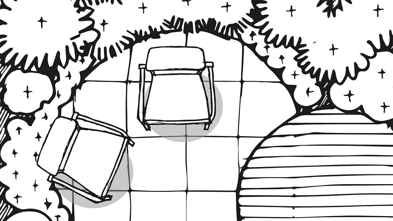 ink drawing of outdoor seating area