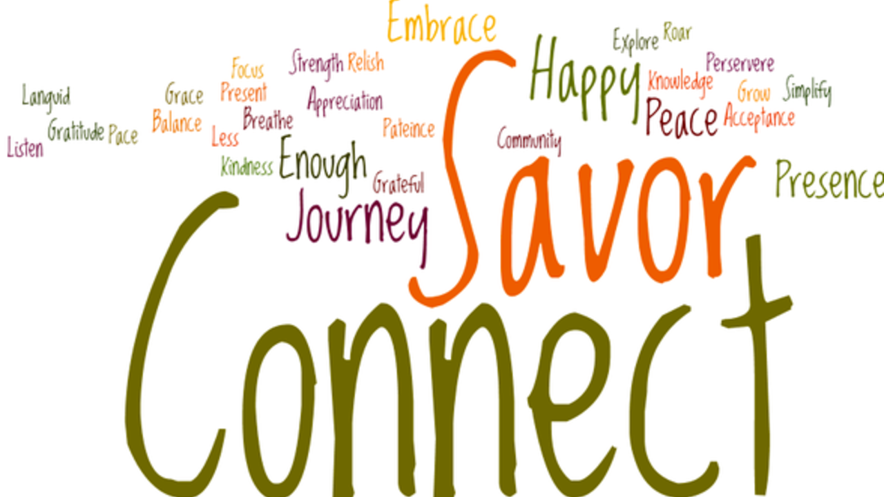 Connect Savor Happy Journey Presence Peace Enough Embrace Explore Knowledge
