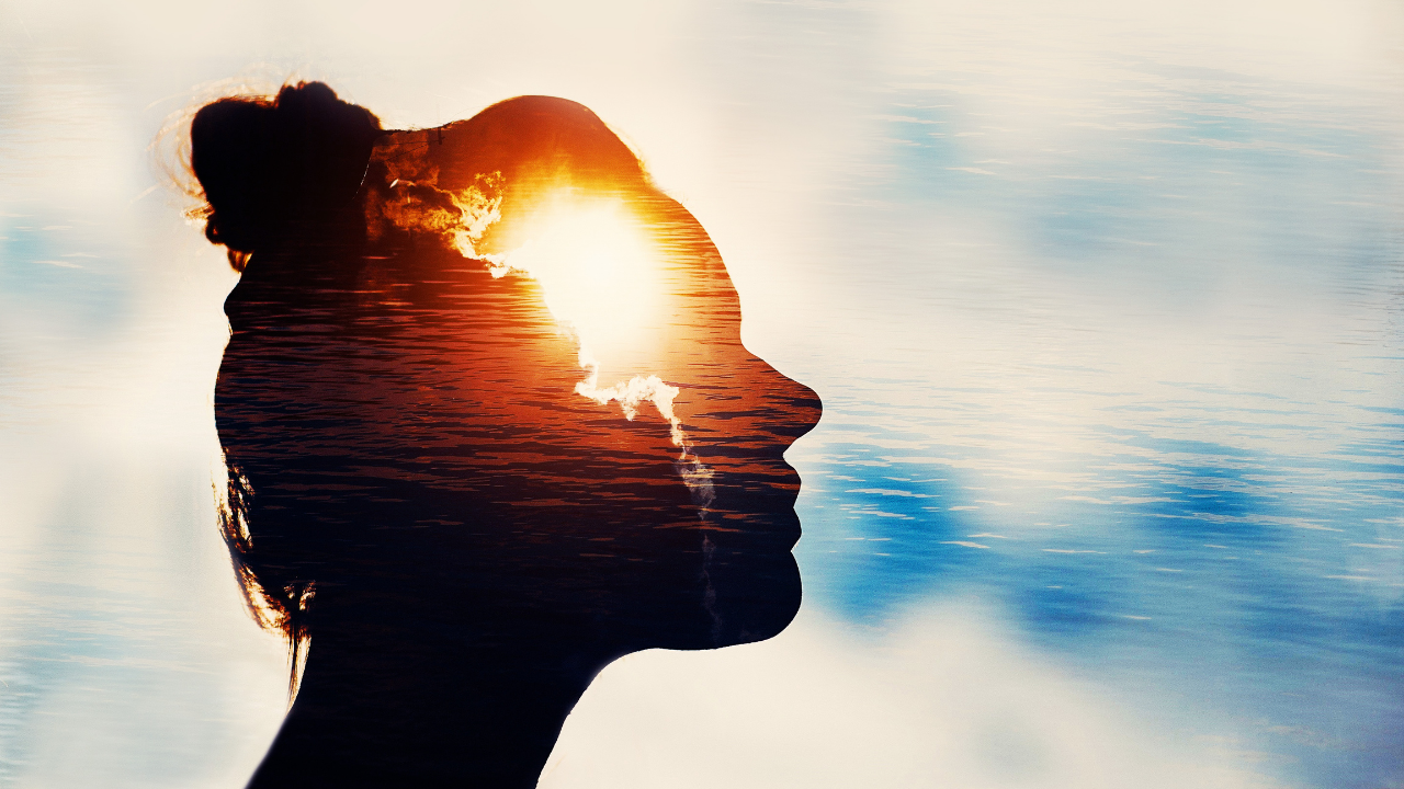 outline of a woman with the sun and sea in her mind to show the power of mindfulness and meditation to switch the mind off