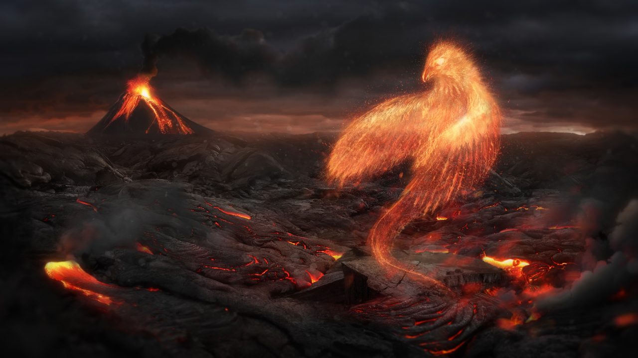 Phoenix bird sat in the burning embers with a volcano behind - phoenix rising from the ashes