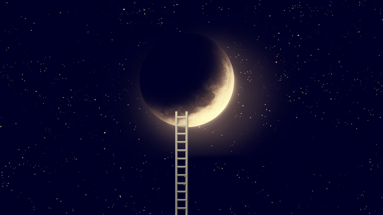 Photo of a crescent moon with a ladder leading up to it for dreamtime and the nightly slumber where dreams are magical portals to another realm