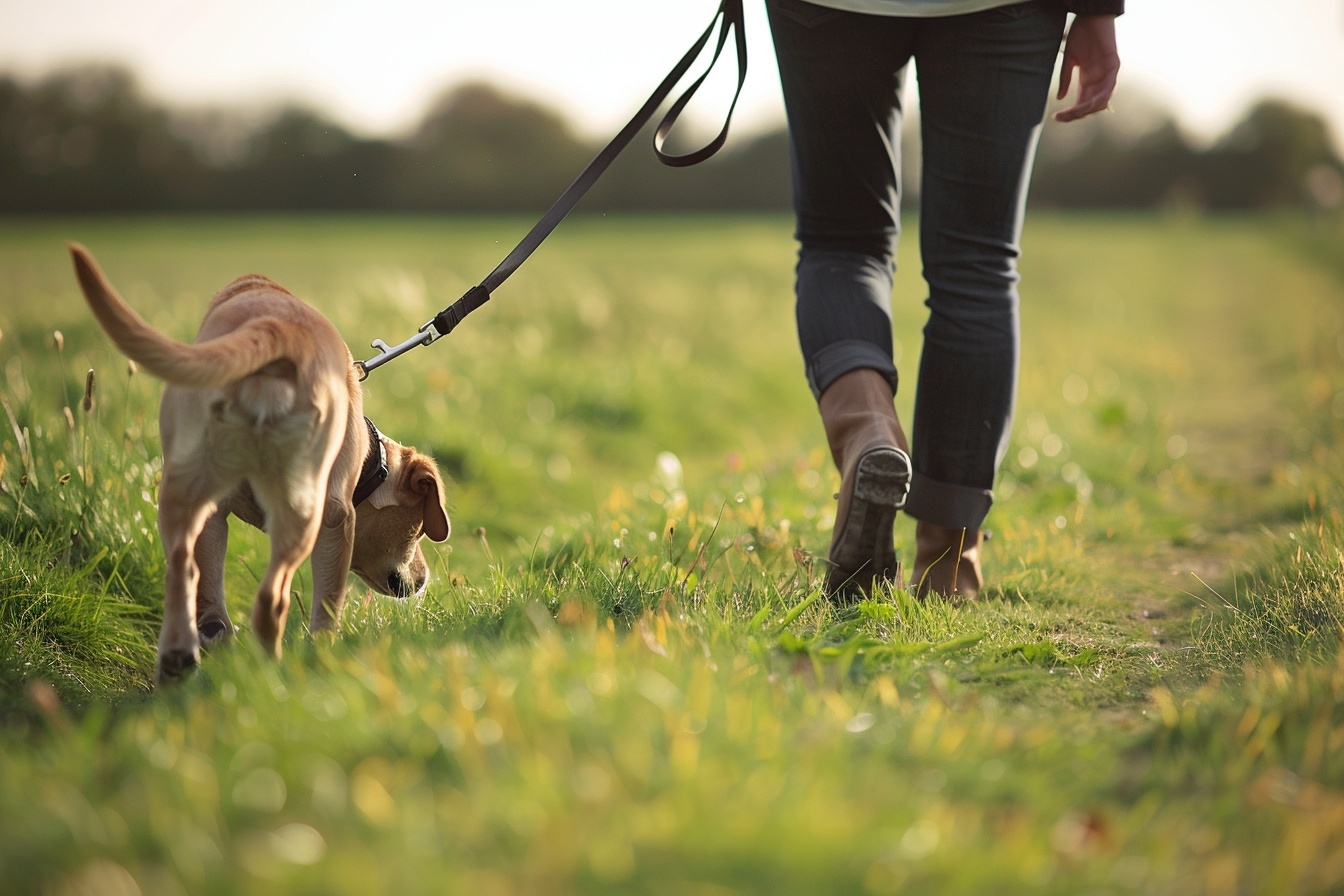 Ontspannen wandeling met hond aan slappe lijn