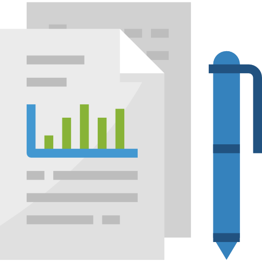 Two pieces of paper and a pen icon