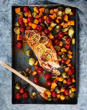 baked salmon on a roasting pan