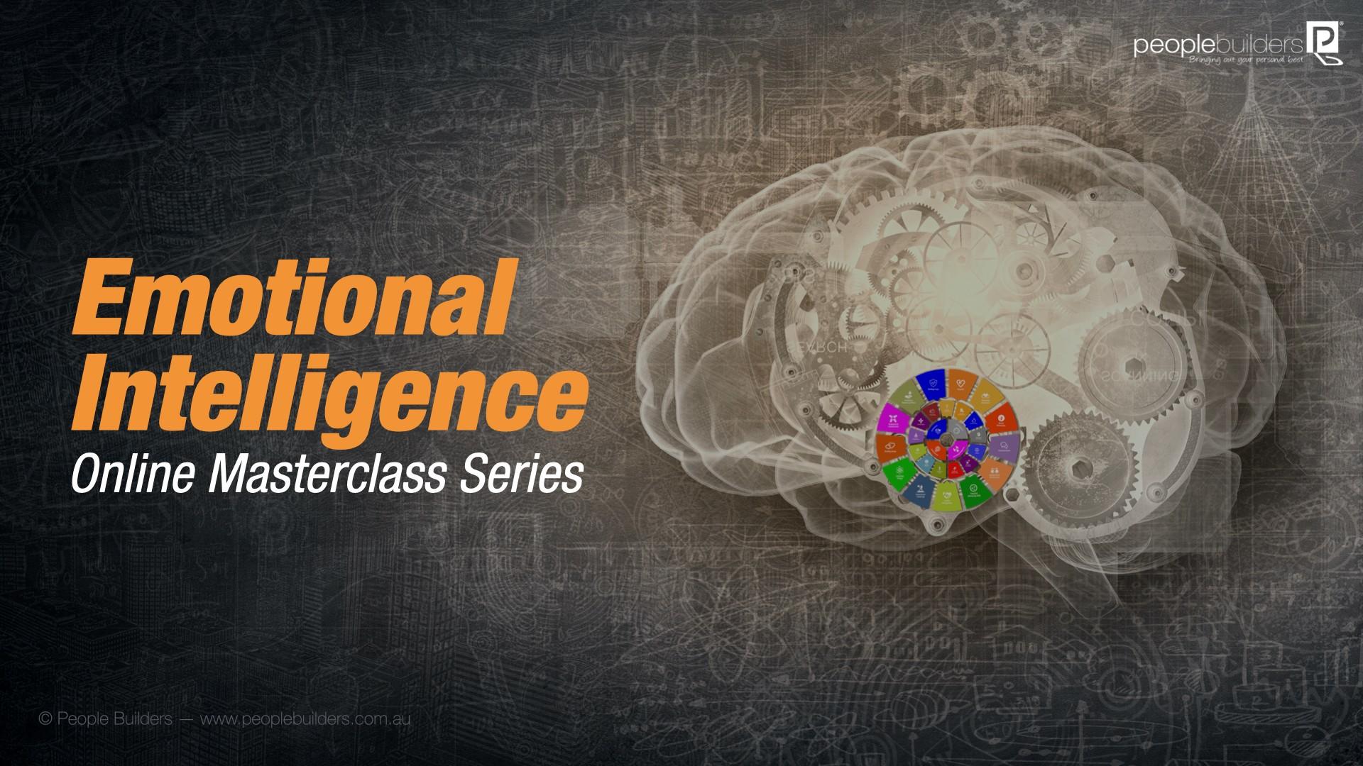 Emotional Intelligence Online Masterclass series poster showingBrain with gears and the People Builders 26 competencies wheel.