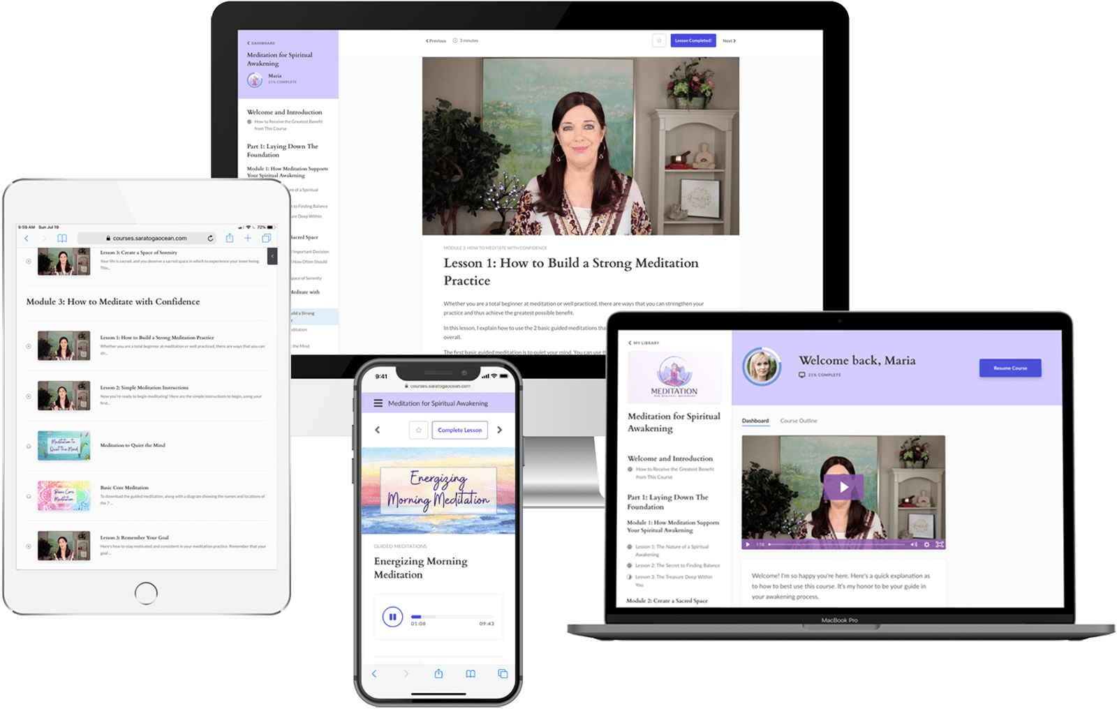 Meditation for Spiritual Awakening course demoed on laptop, desktop, tablet, and smartphone screens