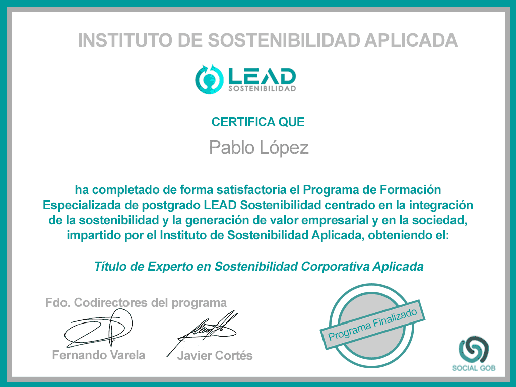 Certificado Blockchain finalización programa Lead sostenibilidad