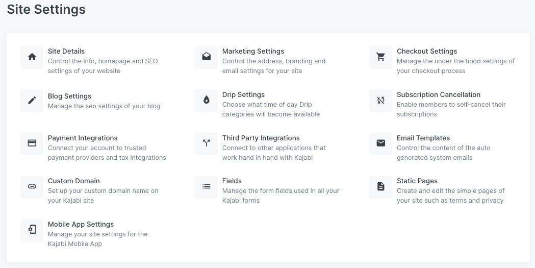 kajabi settings overzicht