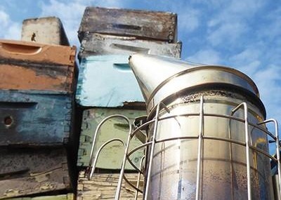 smoker and hive bodies stacked up