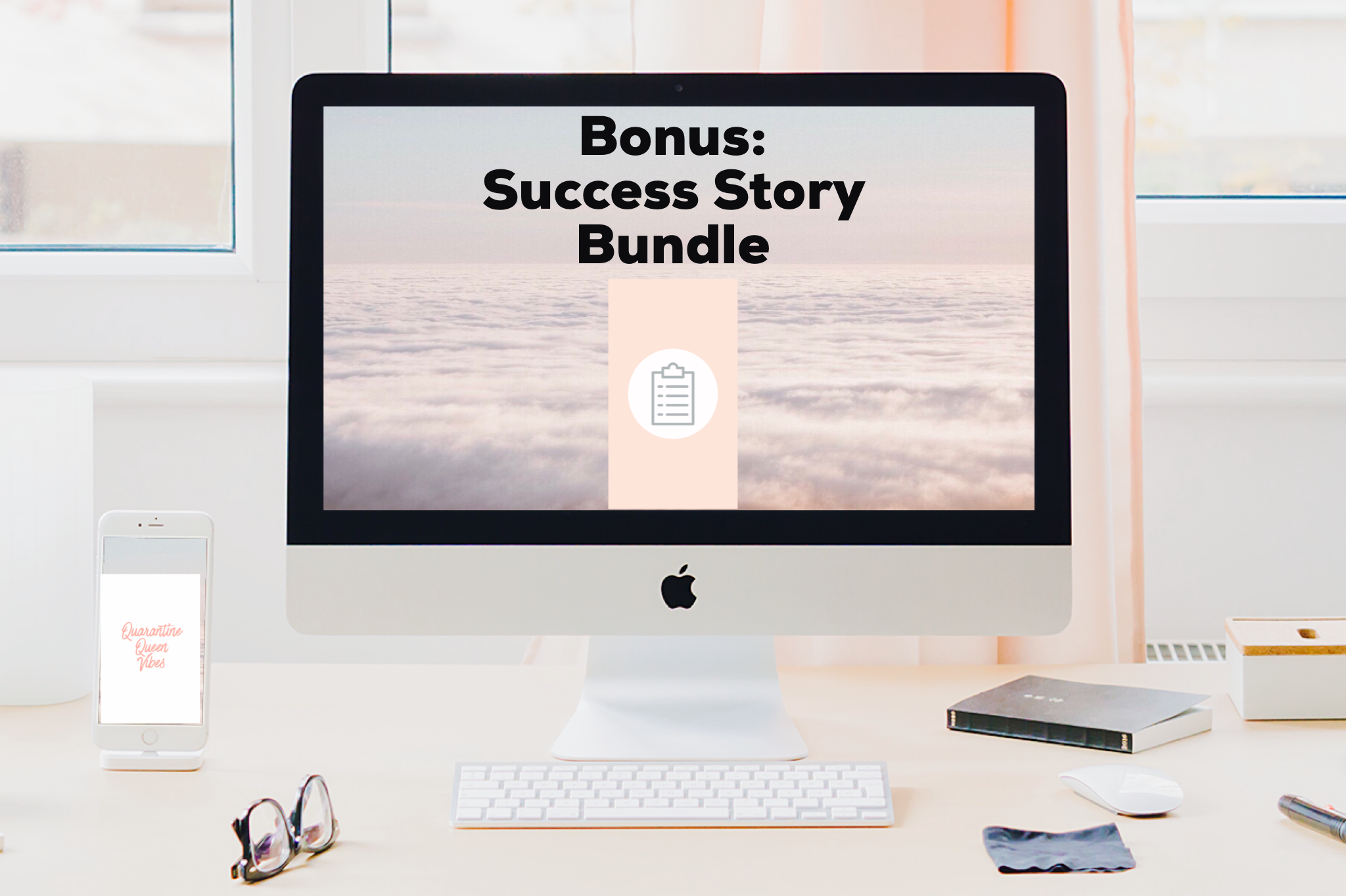 iMac on desk showing words Bonus Affirmations on screen