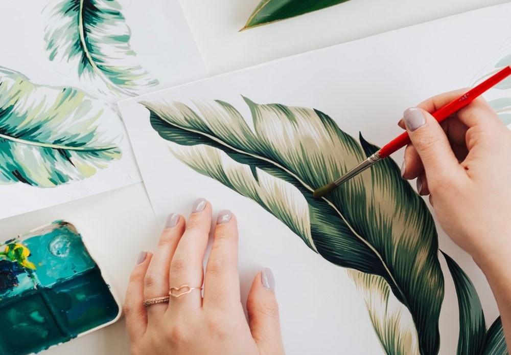 Painting a tropical leave motif for textile design at The Print School by Longina Phillips Designs