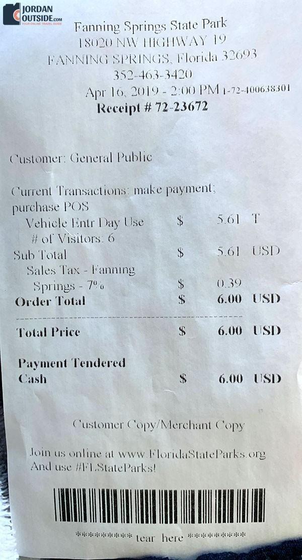 Fanning Springs State Park Receipt