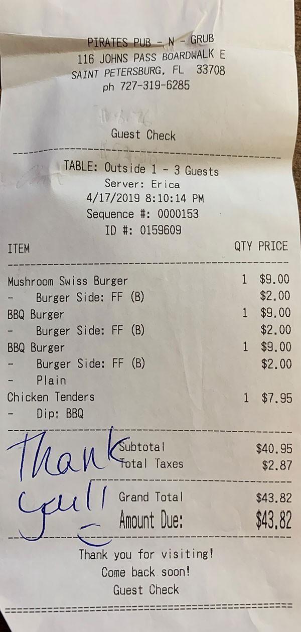 Pirates Pub Receipt