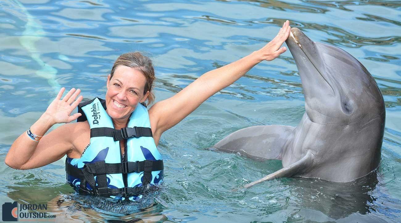Dolphin touching Julie's hand