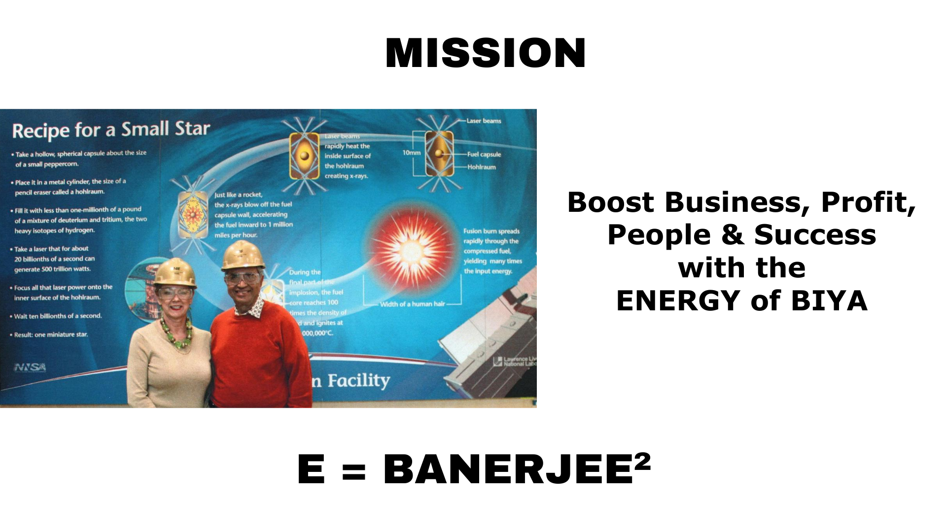 mission statement, team banerjee posing in front of mural depicting laser energy project details