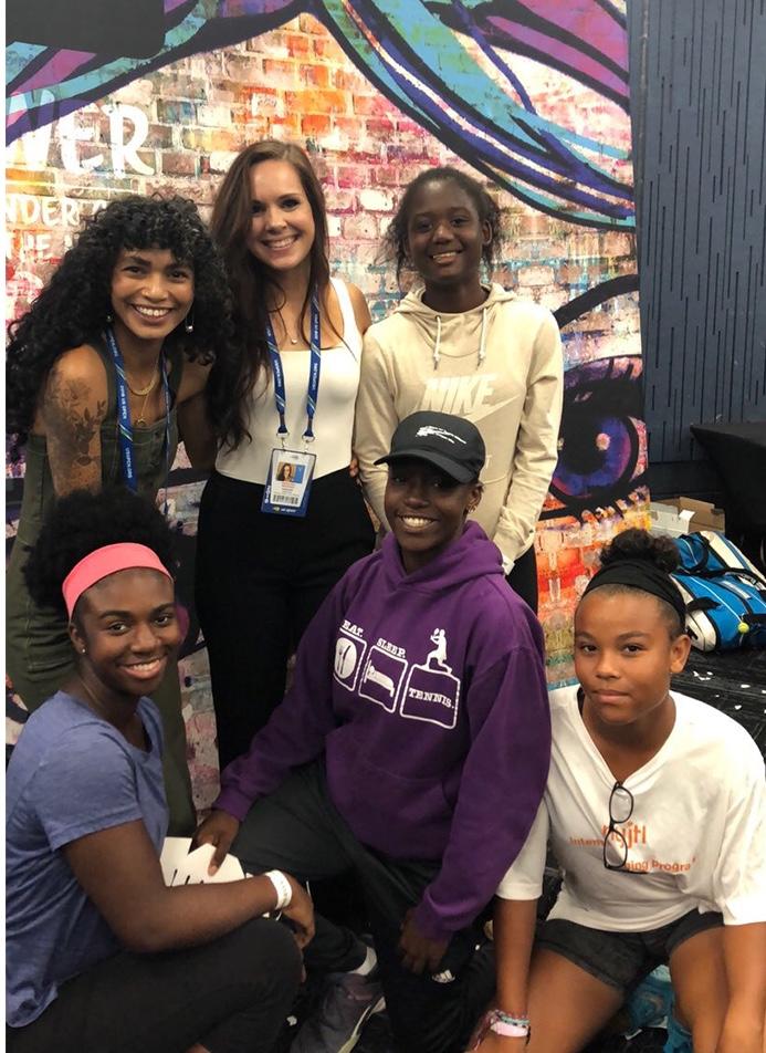 Kate Whitfield with Sophia Roe and girls at a FearlesslyGiRL x USTA event at the US Open.
