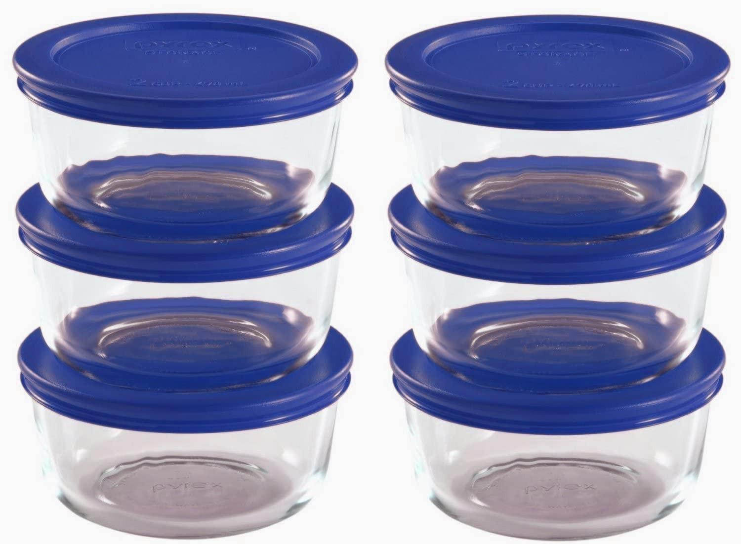 blue 2-cup Pyrex containers and lids