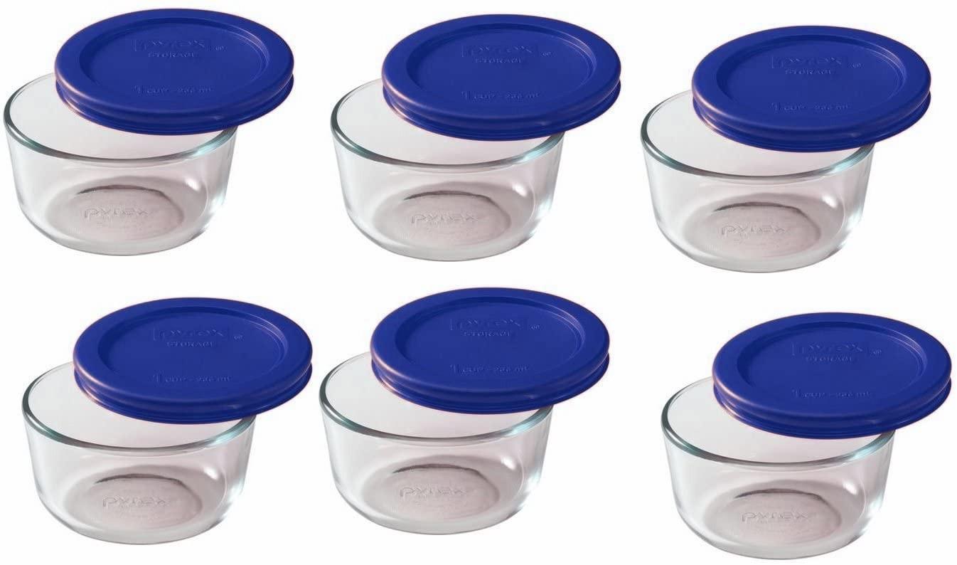 blue 1-cup Pyrex containers and lids