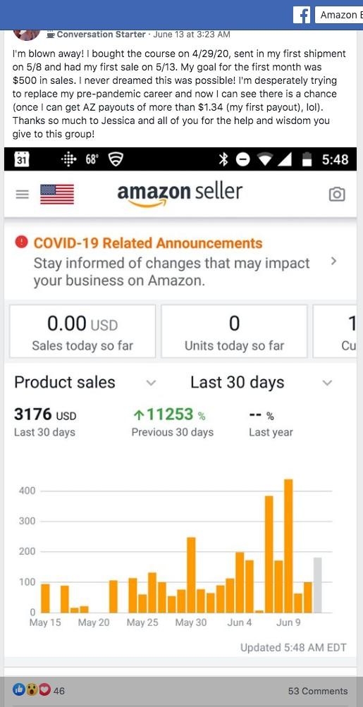 Amazon Boot Camp testimonial $3,000 in sales in 1 month