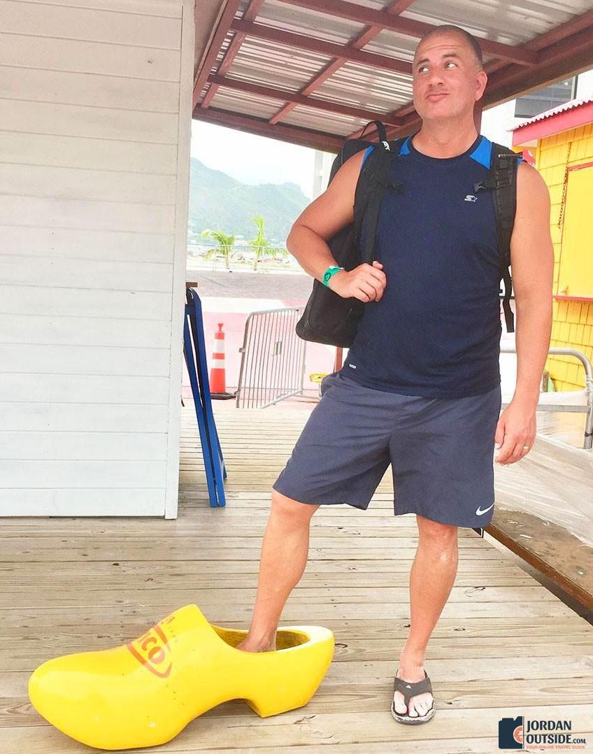 Jordan in a wooden shoe in St. Maarten