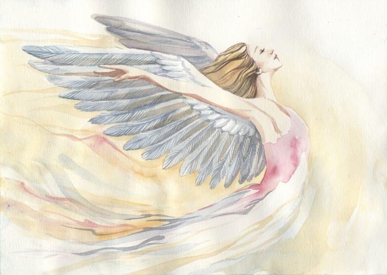 Watercolor in pink, white, and gold of a beautiful angel woman with an expression of freedom and peace