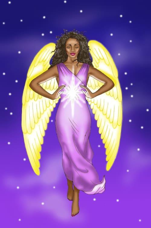 beautiful black angel with starburst at solar plexus