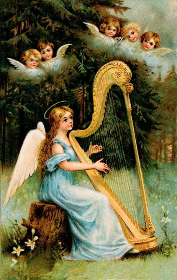 print of angel playing harp