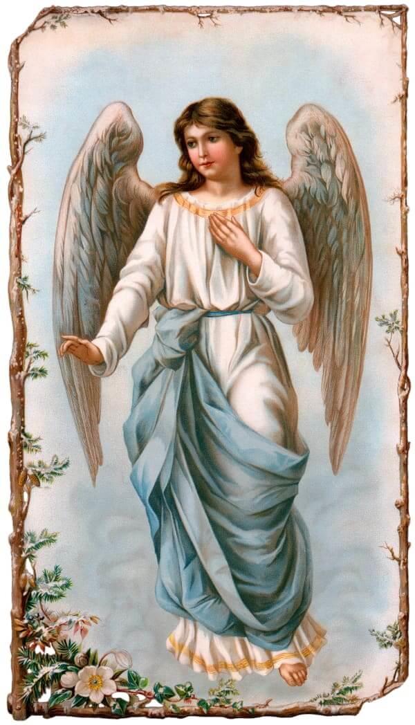 artwork of angel in blue and white gown