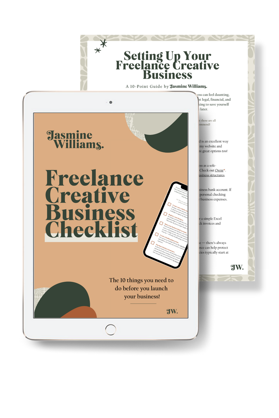 Image of the freelance creative business checklist on an iPad with a page from the guide behind it.