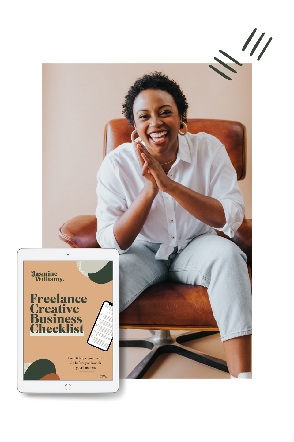 Image of Jasmine sitting in a chair and smiling, with a mockup of the checklist on an iPad in front of her