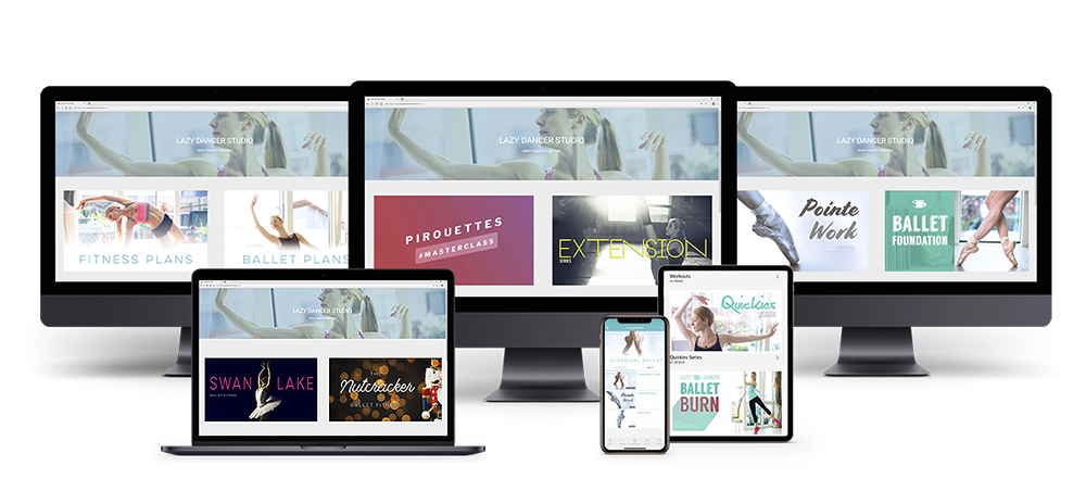 all the ballet classes and ballet fitness workout plans displayed on various devices like iMac, Ipad, Iphone and MacbookPro