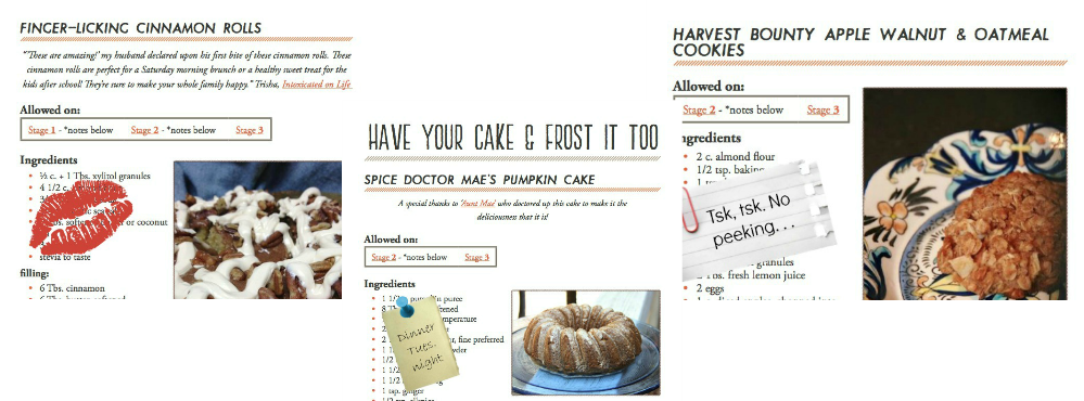 samples of cookbook pages featuring cinnamon rolls and bundt cake