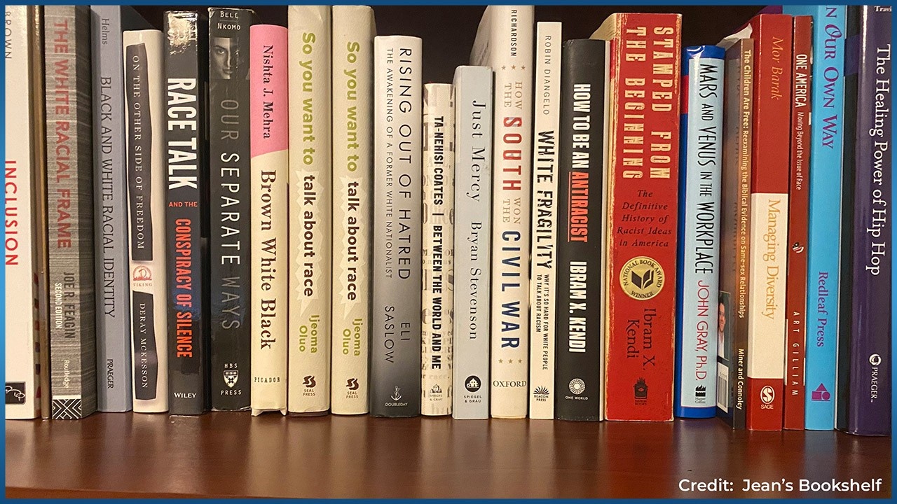 books on Jean Latting's bookshelf