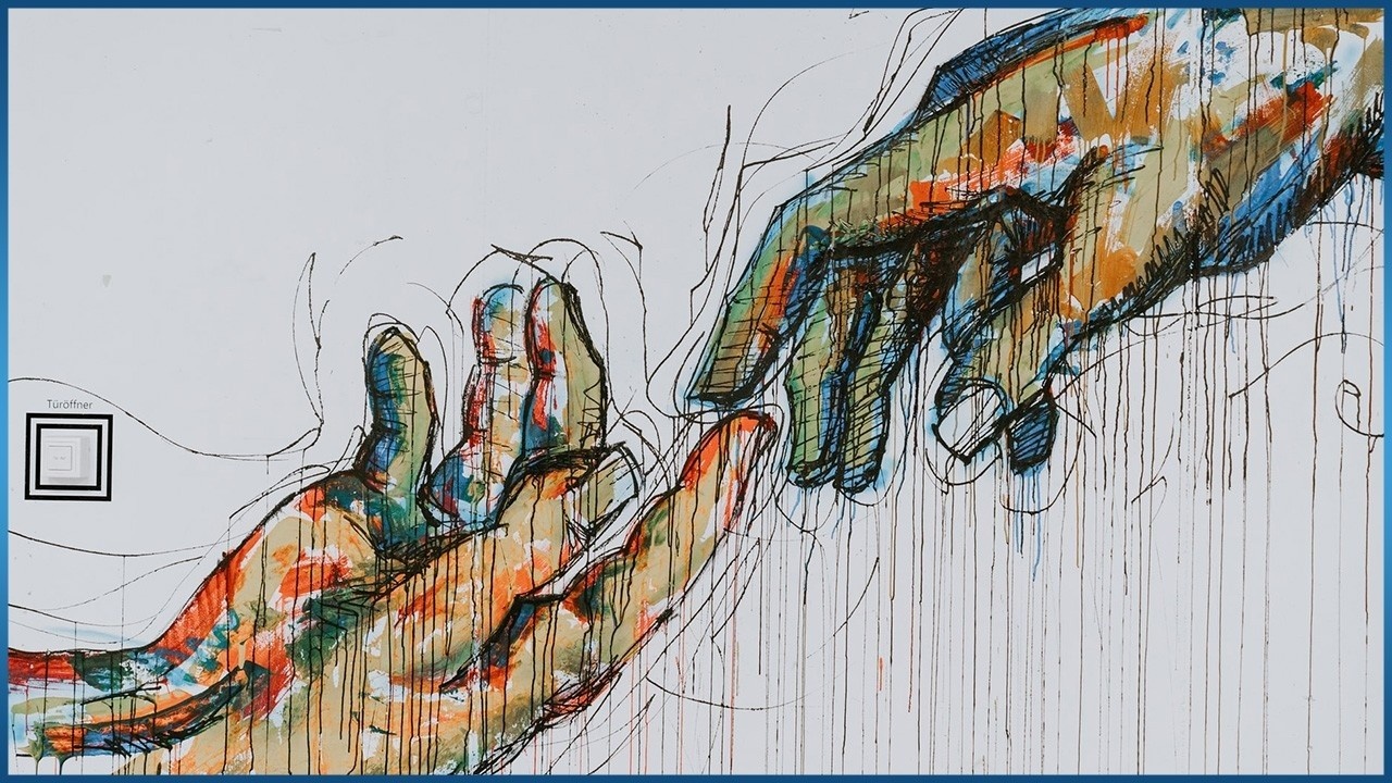 2 hands reaching out and touching